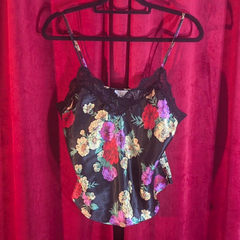 Vintage Victoria's Secret Gold Label floral print satin cami with lace trim - M